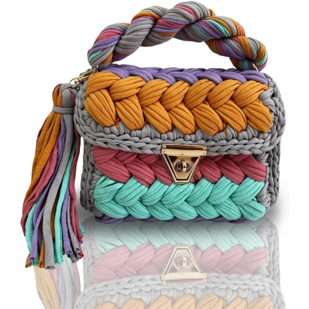 Women's Multi Crochet Handmade Small Evening Formal Flap Crossbody Clutch Bag